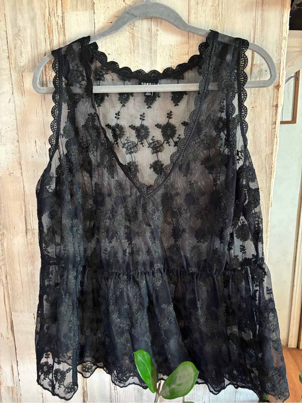 torrid Black Sheer Lace V-Neck Peplum Tank